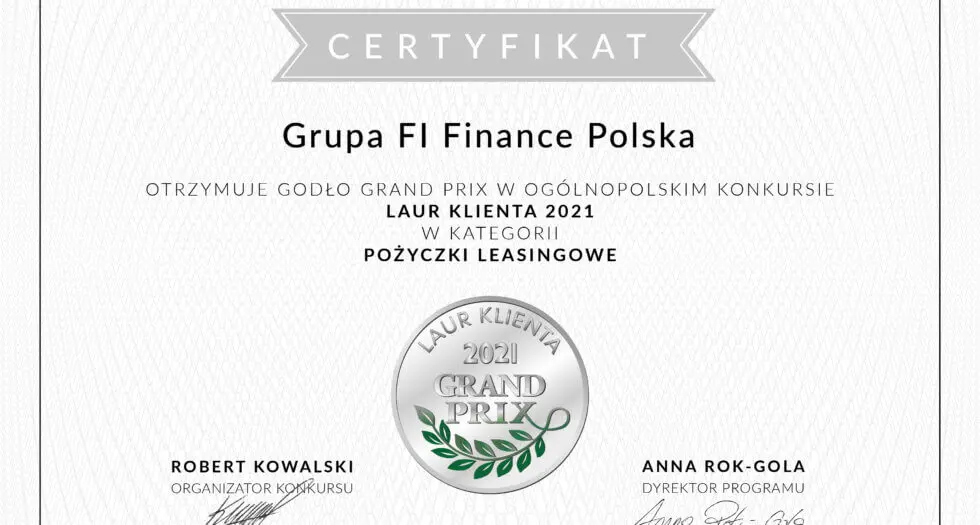 Certyfikat uzyskania nagrody Laur Klienta 2021 w kategorii: Pożyczki leasingowe