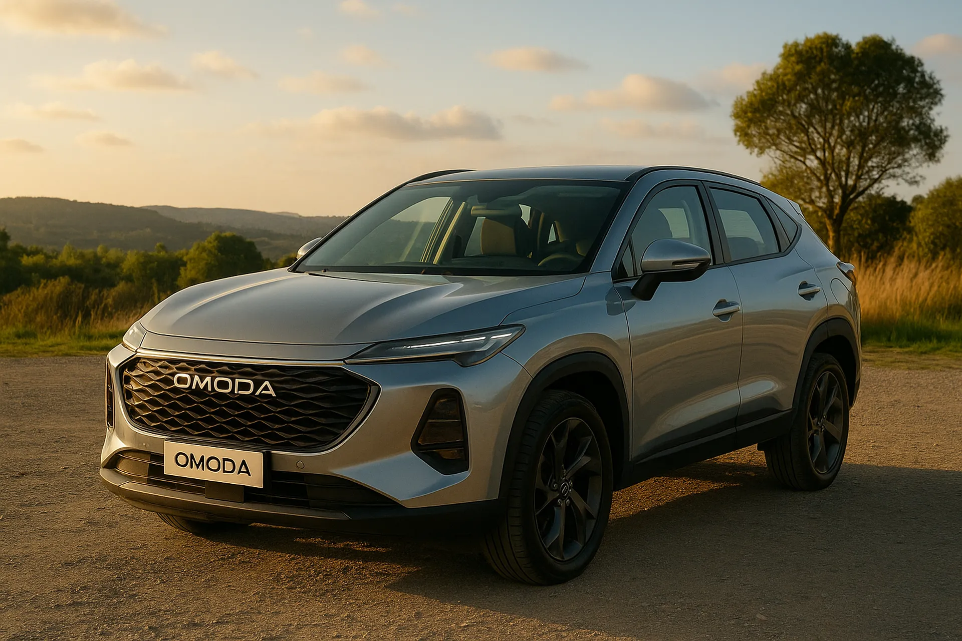 Srebrny OMODA SUV na żwirowej ścieżce – ujęcie 3/4 przodu, w tle zielone pagórki i samotne drzewo przy zachodzącym słońcu.