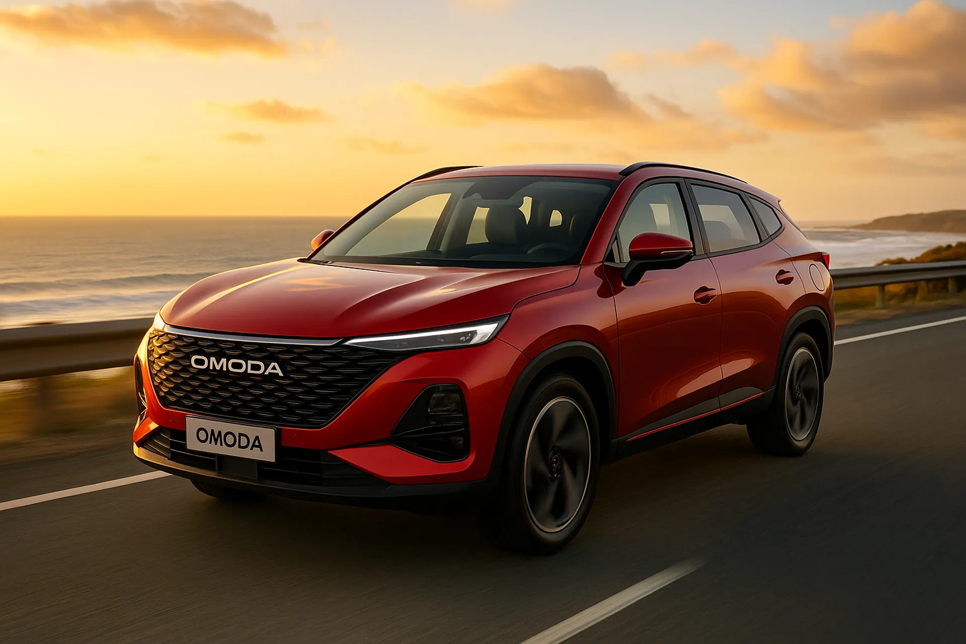 Czerwony OMODA SUV jedzie nadmorską szosą o zachodzie słońca – ujęcie 3/4 przodu, ocean i złote niebo w tle.