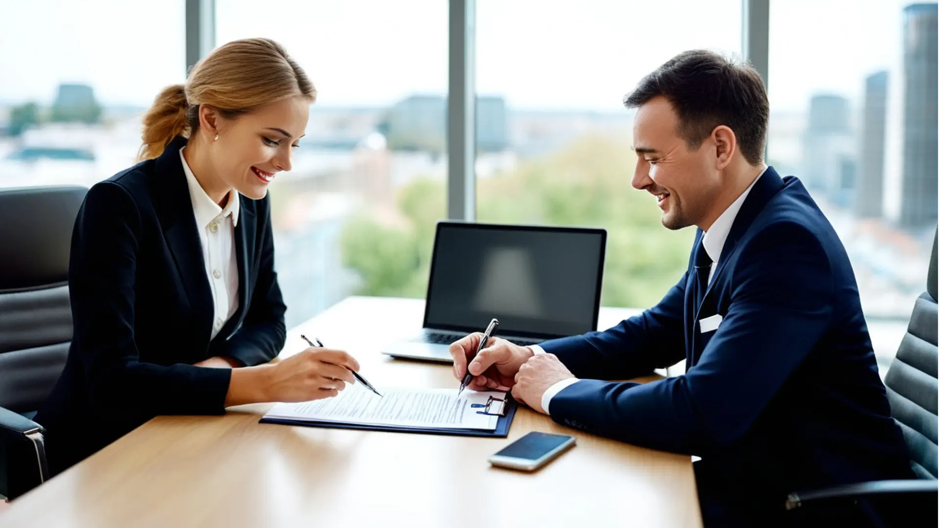 Dwoje ludzi wypełnia i podpisuje dokumenty. Jeden z nich jest osobą podpisującą dokument. Ujęcie wskazuje na relacje biznesowe. Grafika wygenerowana przy pomocy AI.